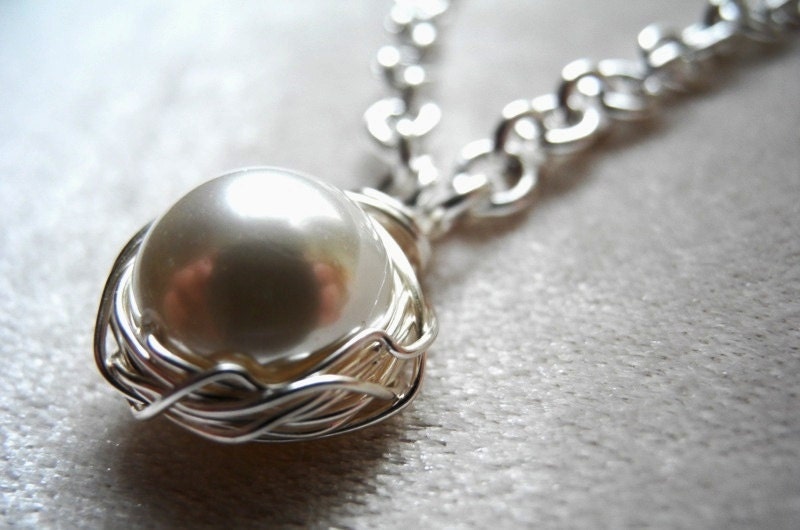 Bird Nest Necklace with Large 14mm White Shell Pearl