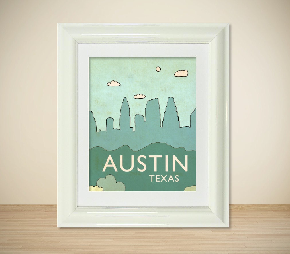 Typography Print Home Decor Nursery Art - Austin No.3 - Skyline City Travel Cityscape Landscape Typography Poster
