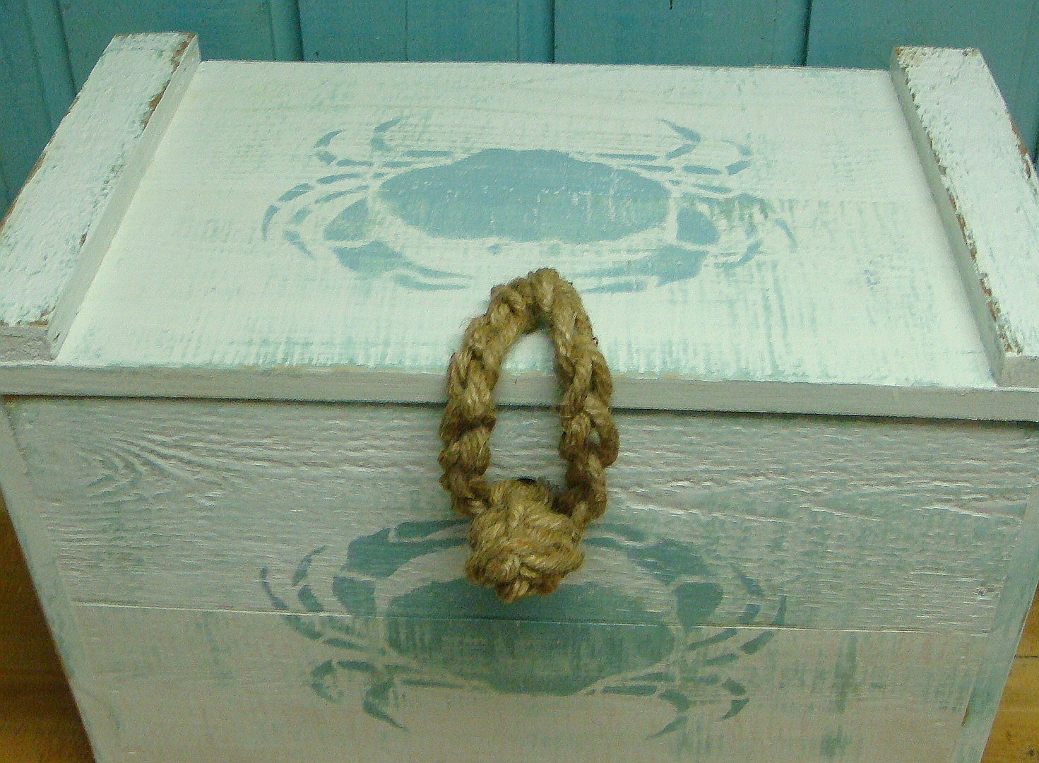 RESERVED For Redbuster Weathered White Vintage Crab Crate Side Table Trunk Chest