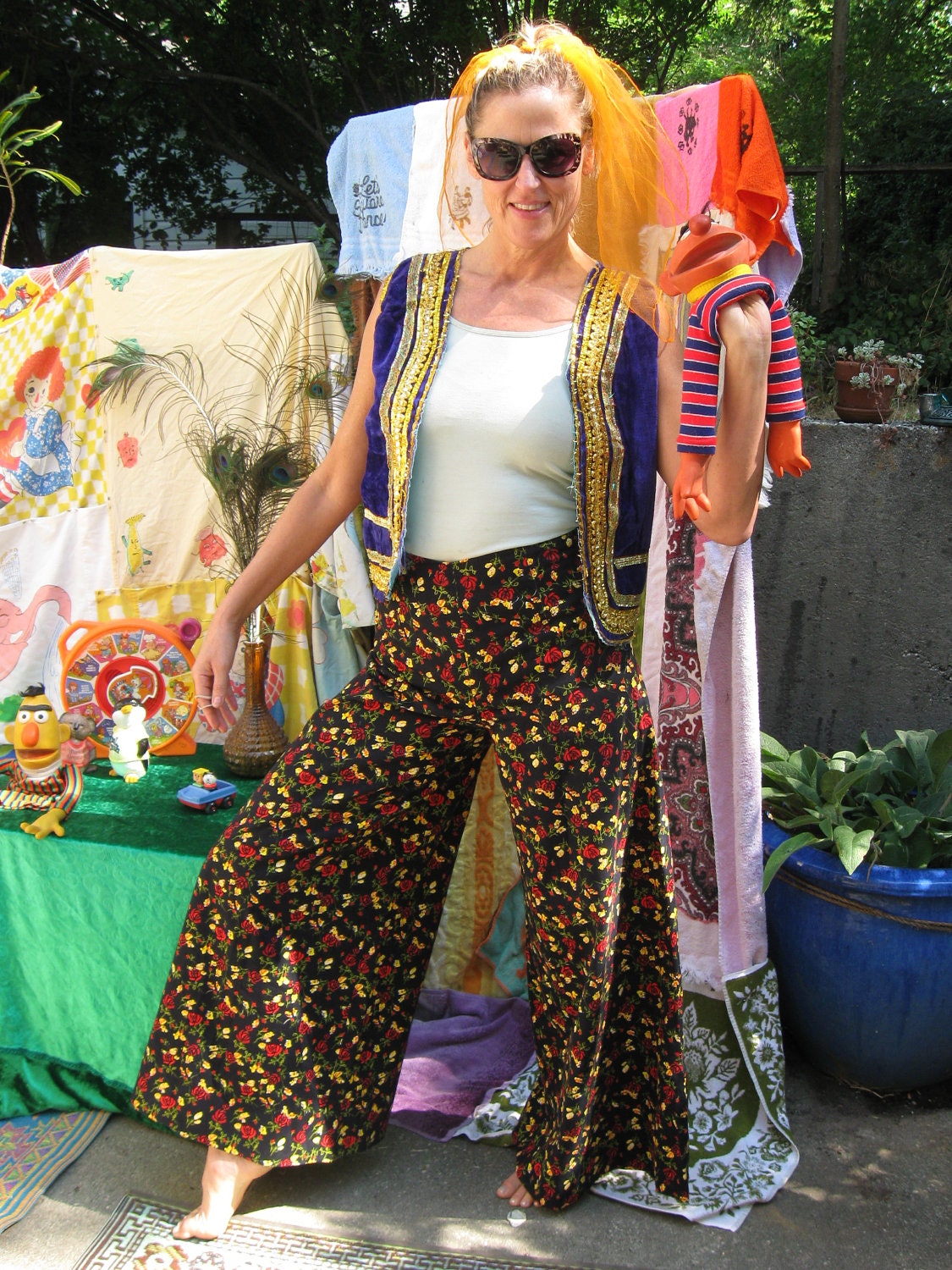 70s Vintage Flared Flower Pants