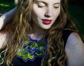Upcycled Eco, Beaded Jewellery, Felt Statement Necklace, Flower Garden, Purple Green Black, Velvet Leaves