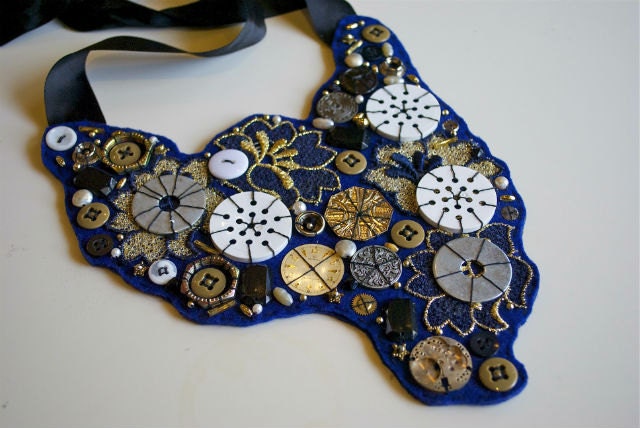 Steampunk Bib Necklace, Geek Jewellery, Upcycled Vintage Lace, Beaded, Felt Statement Jewelry, Watch Parts, Blue Gold White
