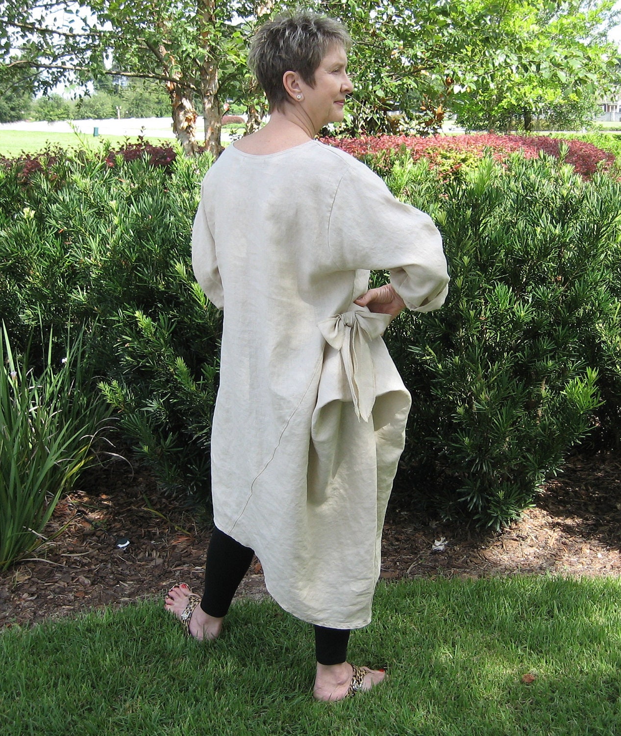 linen tunic dress in light kahki tan with asymmetrical hem