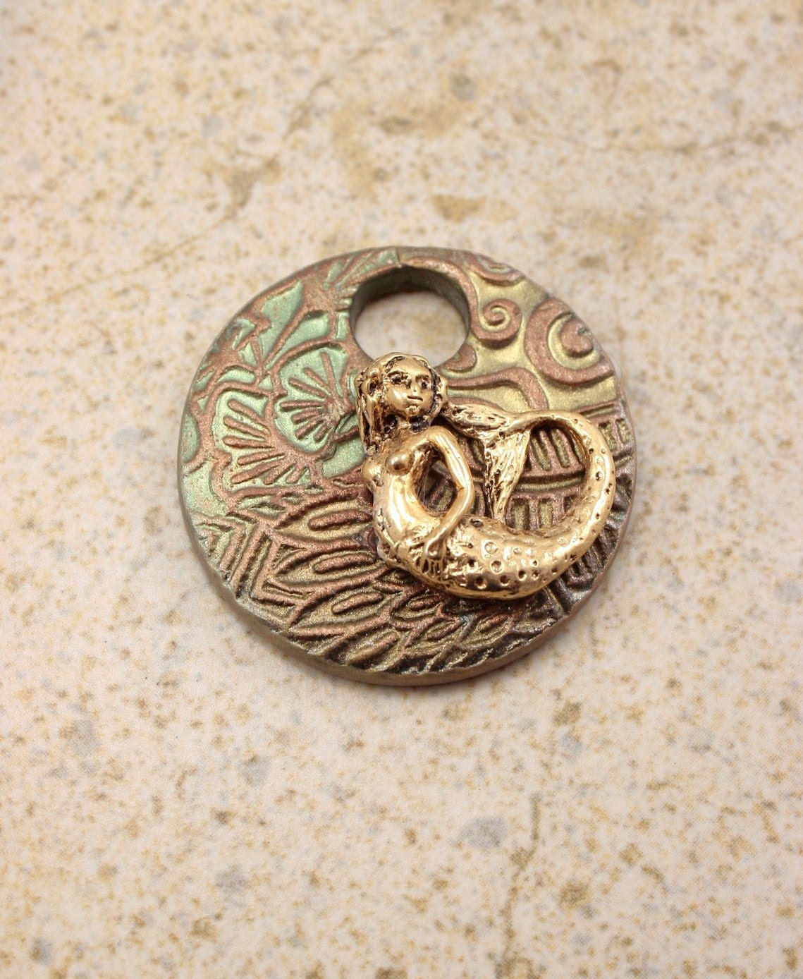 Unique Mermaid Pendant Gold Bronze Olive Mustard Green Pendant