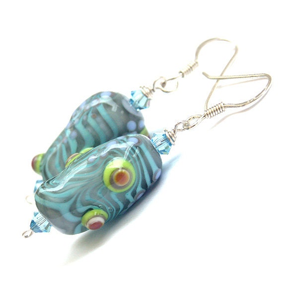 Glass Earrings in Grey, Turquoise, Lime and Magenta - Handmade Lampwork and Sterling Silver