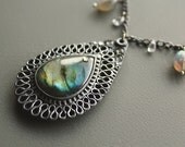 Arabian Night - Polymer clay necklace, labradorite stone, semi-precious stone beads green blue large