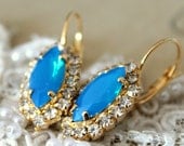Crystal pacific blue Marquis earring - 14k plated gold earrings real swarovski rhinestones .