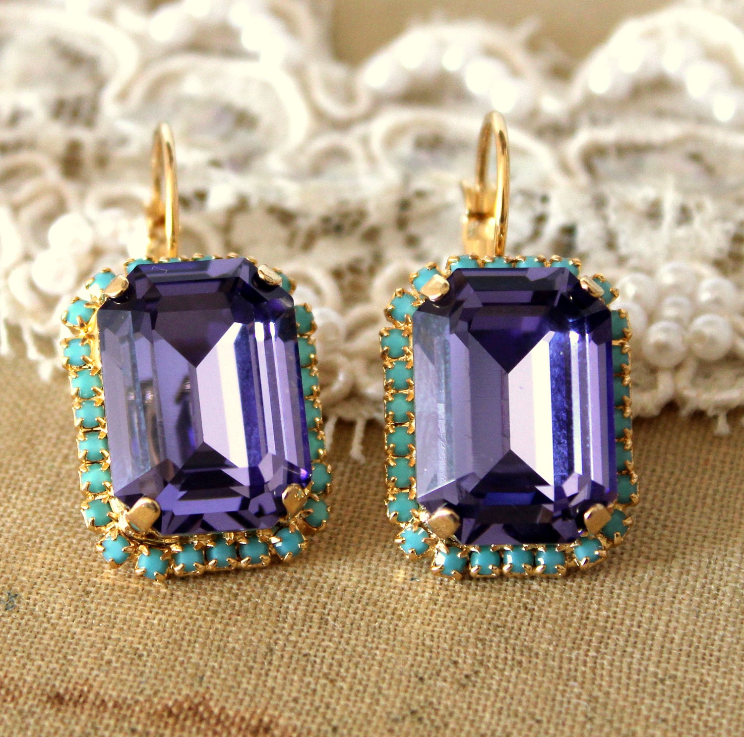 Crystal purple turquoise big earring - 14k plated gold hook earrings real swarovski rhinestones .
