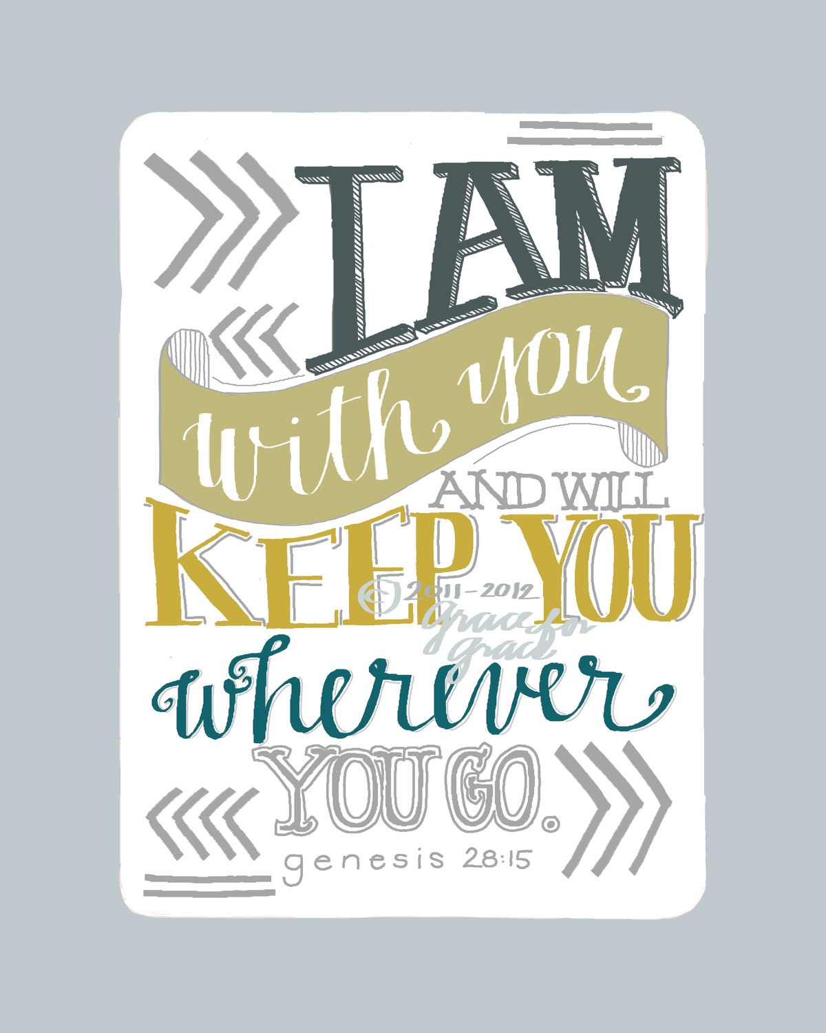 Christian Art - I Am With You and Will Keep You - 5x7 Giclee Print - Scripture Art, Hand Typography, Bible Verse Art, Blue, Mustard