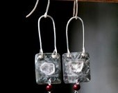 Long Handmade Silver Dangles.Textured Sterling Earring with Amethyst Chip and Small Red Vintage Bead.Silver Jewelry-Earrings.