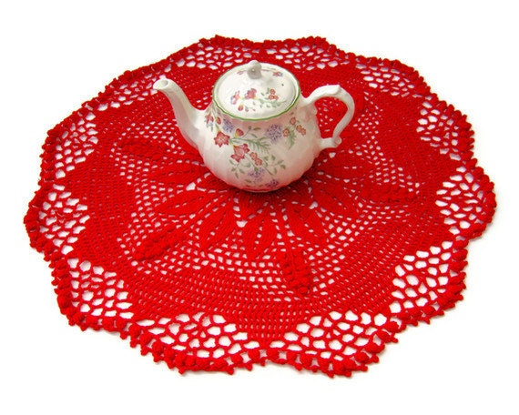 Crocheted red doily tablecloth centerpiece large lace mat coaster in bright red cotton