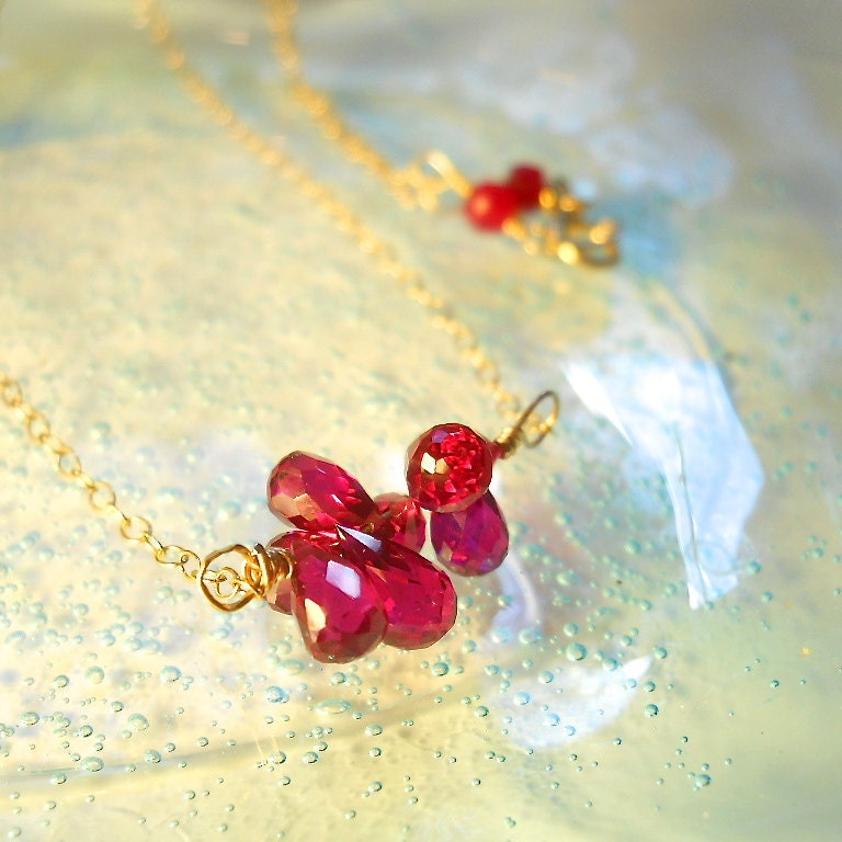 MOTHERS DAY Raspberry Quartz Bubble Briolette Necklace, 14k Gold Filled, Pink Red Ruby Accents, Magenta Fuschia SPRING Fashion Accessory