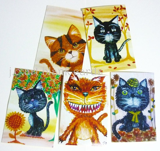 4x6 Set of 5 black cat,monster,face kitten art greeting cards lot,blank note cards wholesale