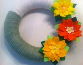 Handmade Yarn Wreath with flowers-Door-Wall Decoration-14 in Wreath- Ready to Ship