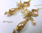 Champagne Peach and 14k Gold Fill Pearl and Crystal Earrings  - Bridal or Everyday Earrings
