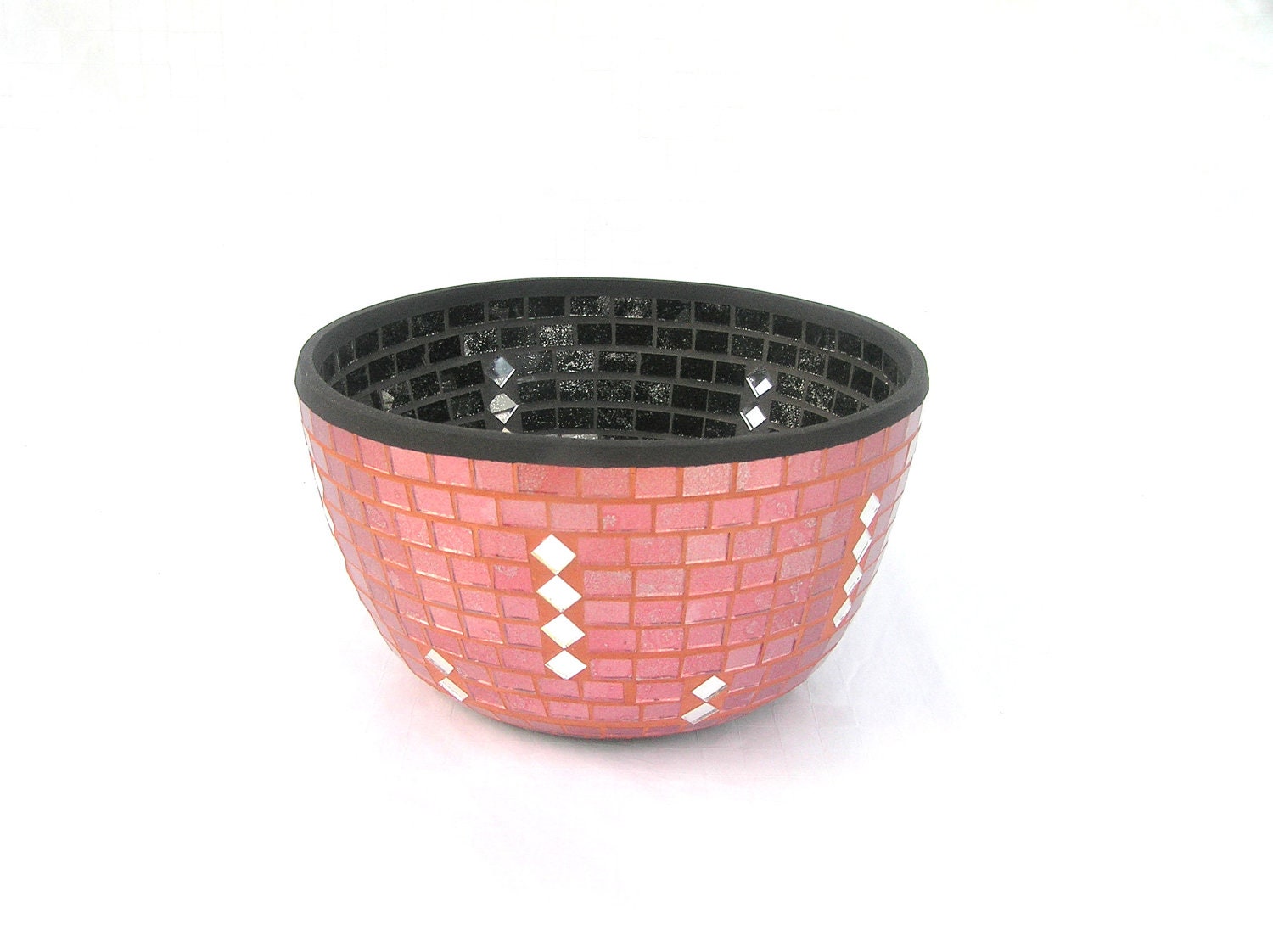 Red black fruit bowl mosaic inside and outside with pieces of mirror salmon pink