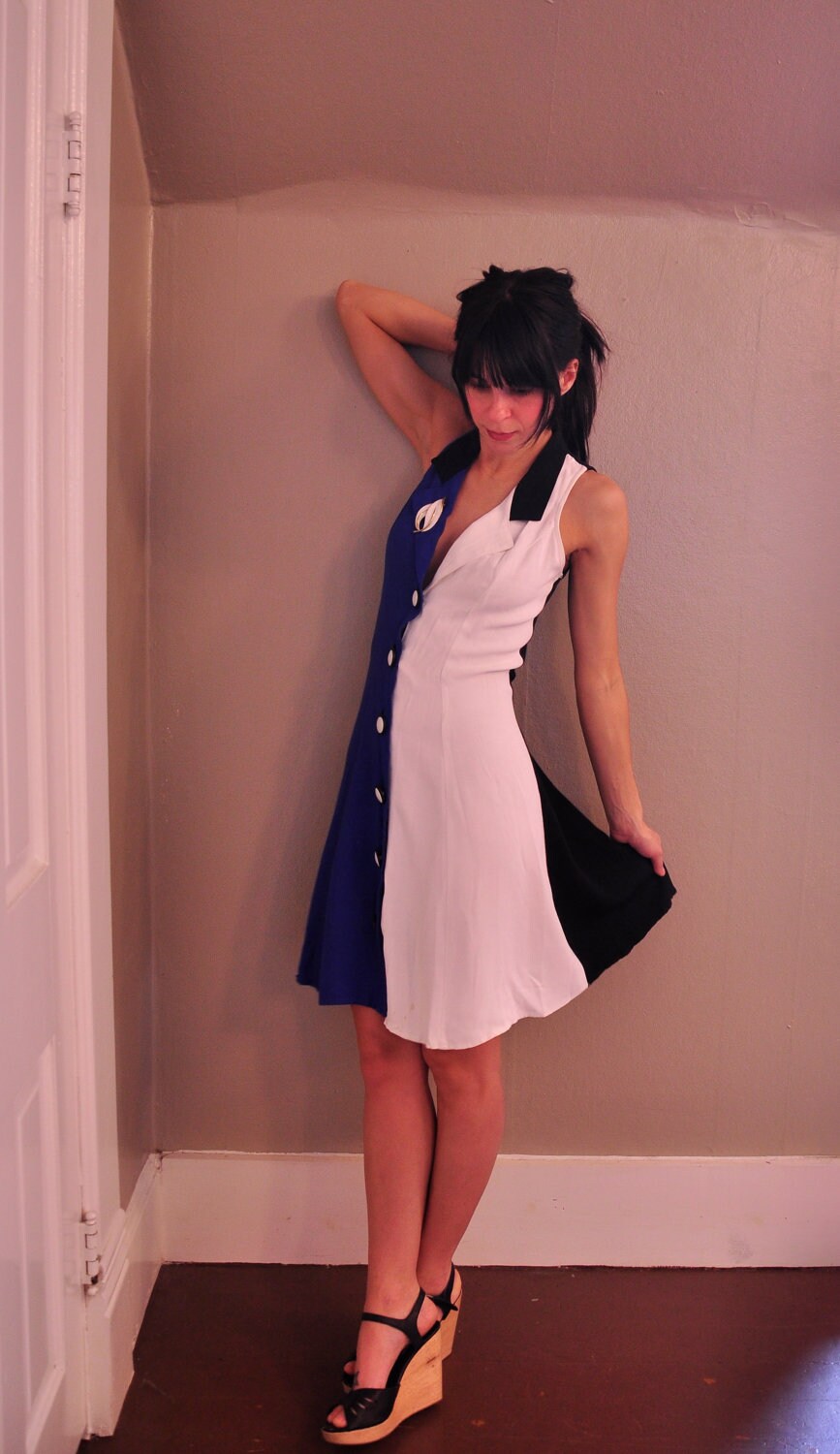 vintage color block button up dress, size 3