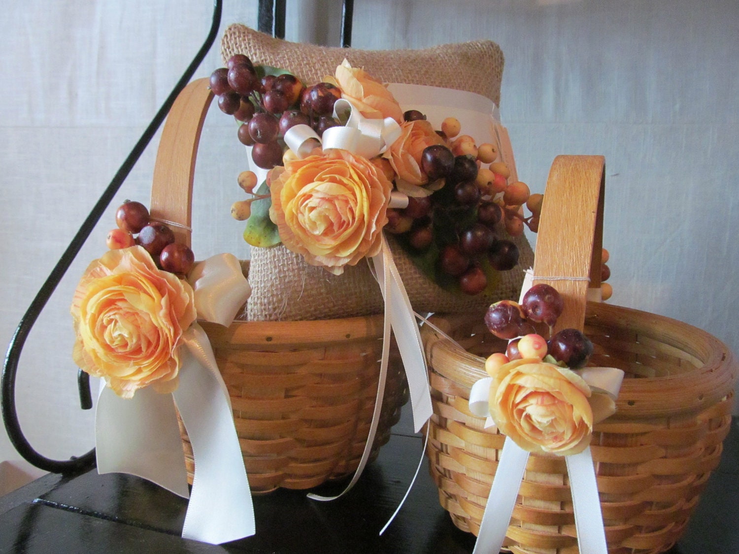 Burlap Ring Pillow and  2 Flower Girl Baskets  - YOU CHOOSE COLOR