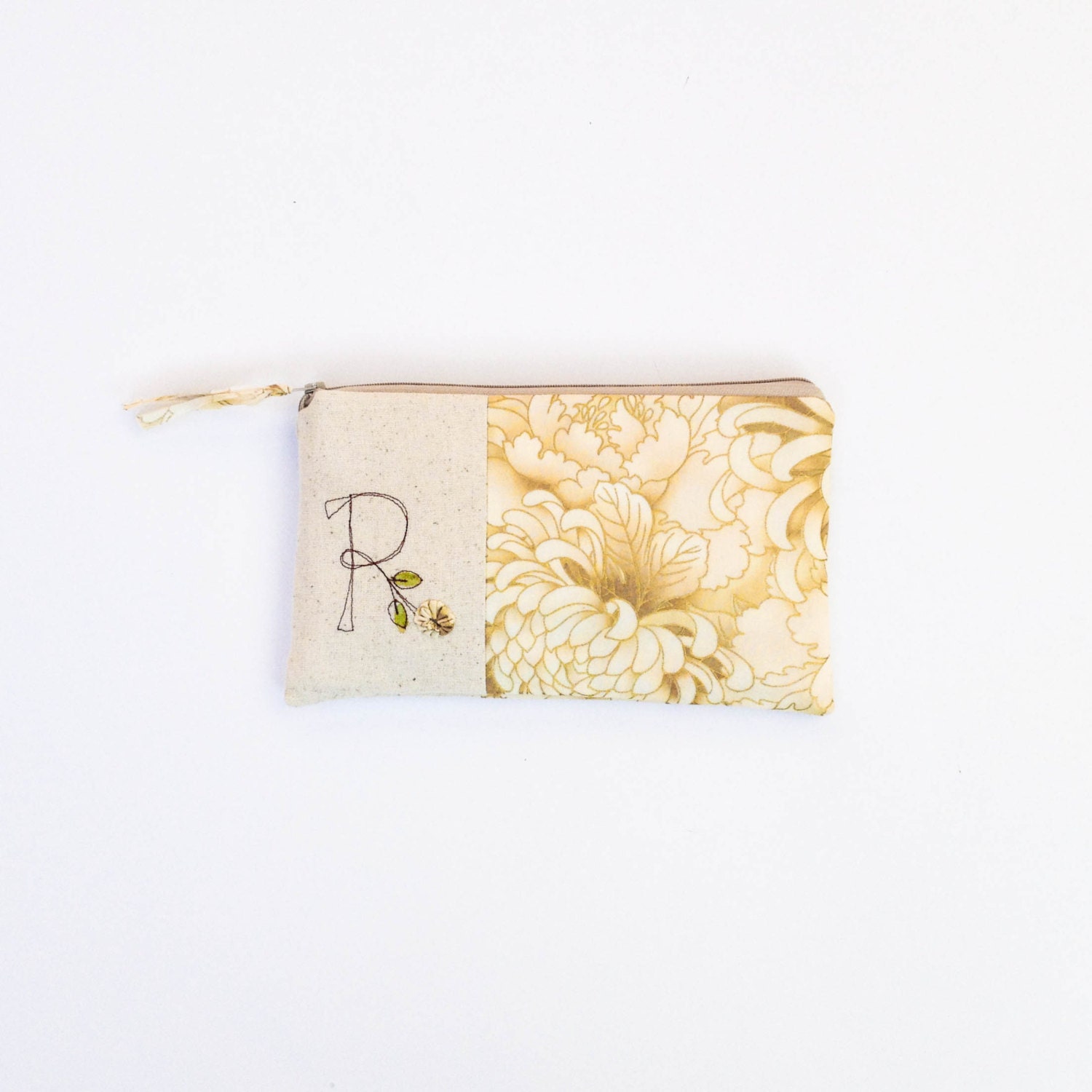 gold and white floral initial clutch, evening handbag, bridal wedding purse, letter R, MADE to ORDER by mamableudesigns