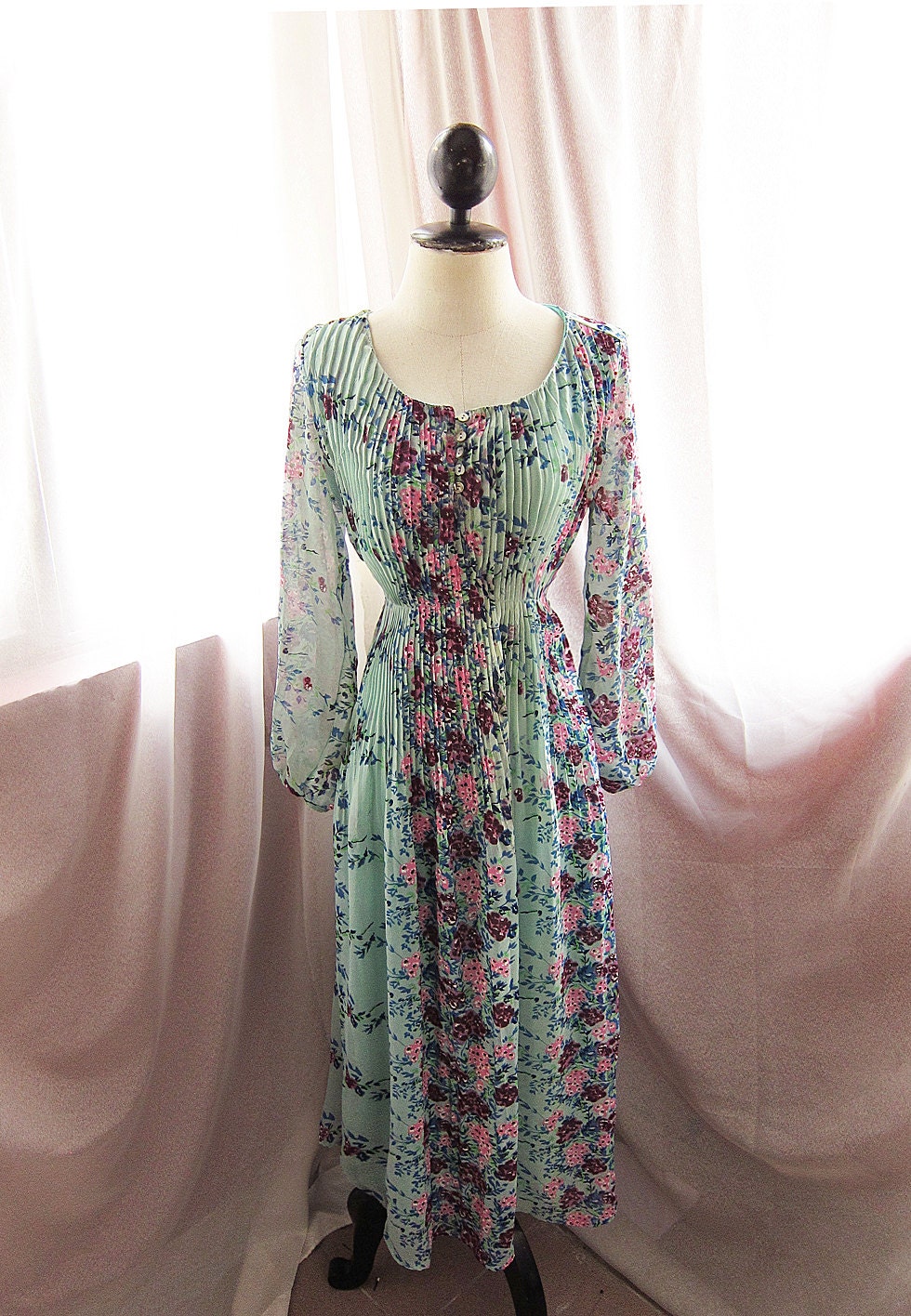 Spring Berries Floral Long Sleeves Mermaid Tears Seafoam Blue Mint Green Minty Marie Antoinette Alice in Wonderland Bohemian Long Dress