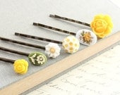 Flower Bobby Pins, Bright Colors, Floral Hair Accessories, Summer Hair Flowers, Lemon Yellow Rose, Green, White Daisy, Cameo, Set of Six(6)