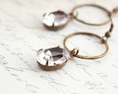 Dangle Earrings, Clear Glass, Vintage Glass Jewelry, Modern Jewellery, Rustic Chic, Hammered Brass Hoops, Antique Brass, Long, Rhinestone