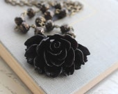 Black Rose Necklace Black Glass Beads Rose Pendant Necklace Vintage Style Gothic Romantic Modern Fashion,, Statement Necklace, Resin Jewelry