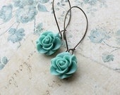 Aqua Rose Earrings Long Earrings Blue Mint Floral Accessories Antique Brass Something blue, Bridal, Bridesmaids Jewelry