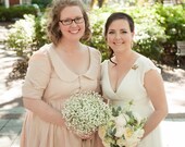 custom Bridesmaid dress-  button front peter pan collar, sleeves, gathered skirt withpockets antique lace detail,  attached petticoat