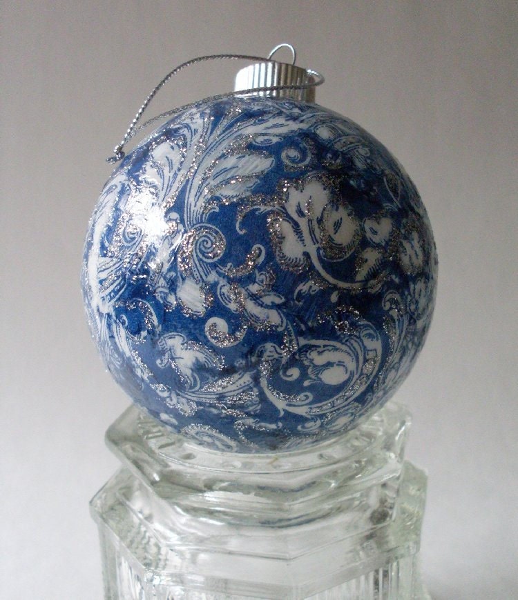 Blue Toile Decoupage & Handpainted Christmas Wedding Ornament Gift - Rue23Paris