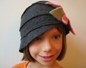 HATS for HOSPICE - Vintage Flapper Style Charcoal Grey Cloche Hat - Felted Wool Fabric - Child to Adult Size Head - CUSTOM Made