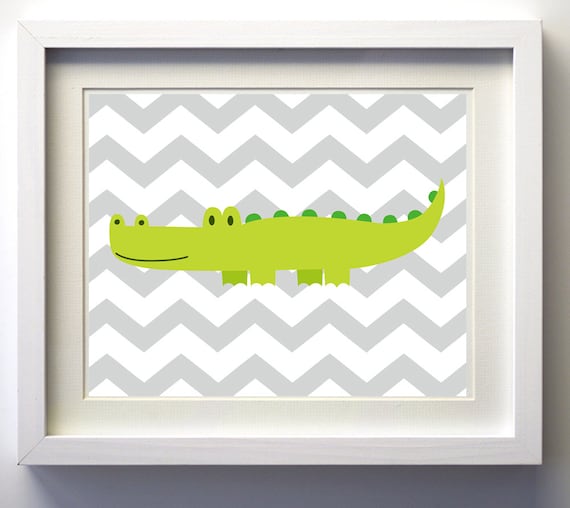 Nursery Art Alligator Chevron Zoo Jungle Safari Boy Girl Gray art print size 8x10