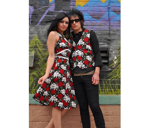 Skull and Roses Goth Punk Rockabilly Halter Dress