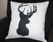 Deer Pillow Cover - Antler Silhouette  18 x 18 Black & White Organic Cotton w/ Button Back