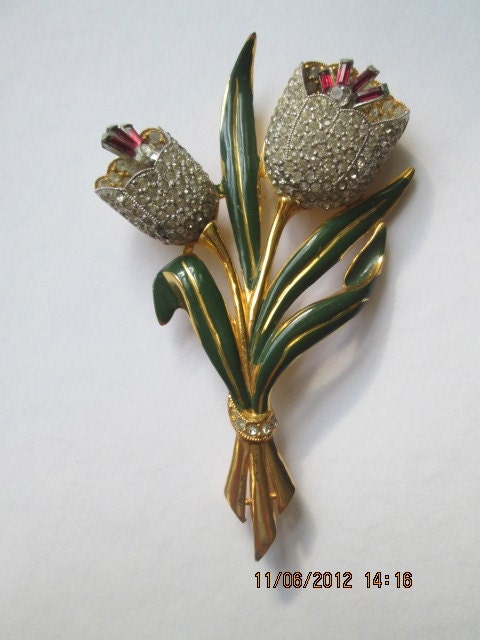 Vintage Coro Trembler Figural Brooch Tulips Rhinestones Enamel Jewelry