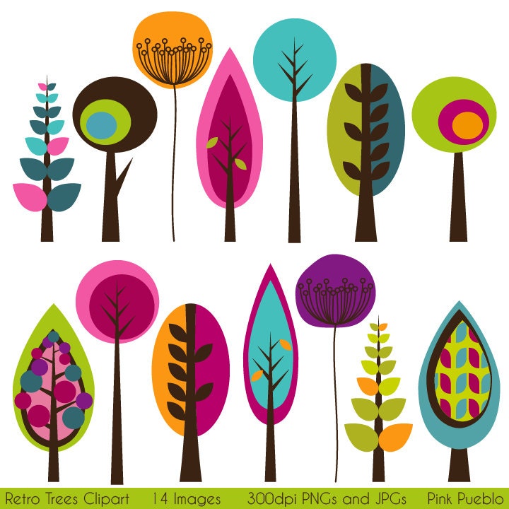 Retro Trees Clipart Clip Art, Mod Vintage Trees Clipart Clip Art - Commercial and Personal Use