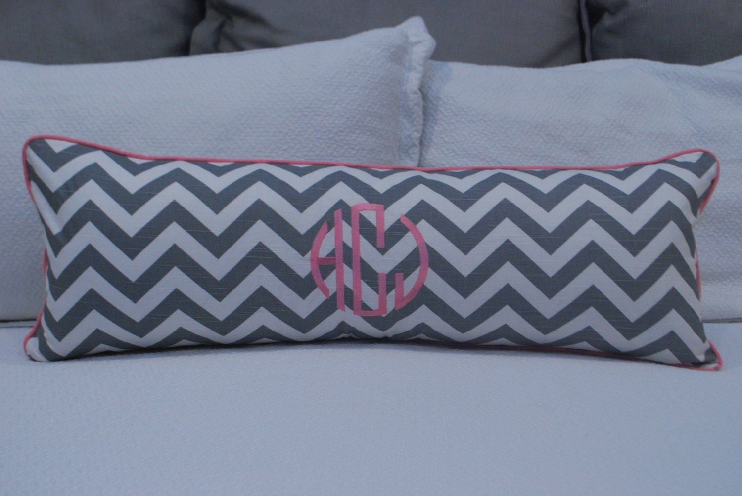 Gray Chevron 14"x36" Lumbar Pillow with Pink Monogram & Cording
