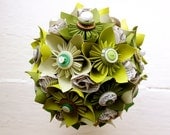 Paper Flower Bouquet - Wedding, Green, Book Page, Kusudama, Paper Rose