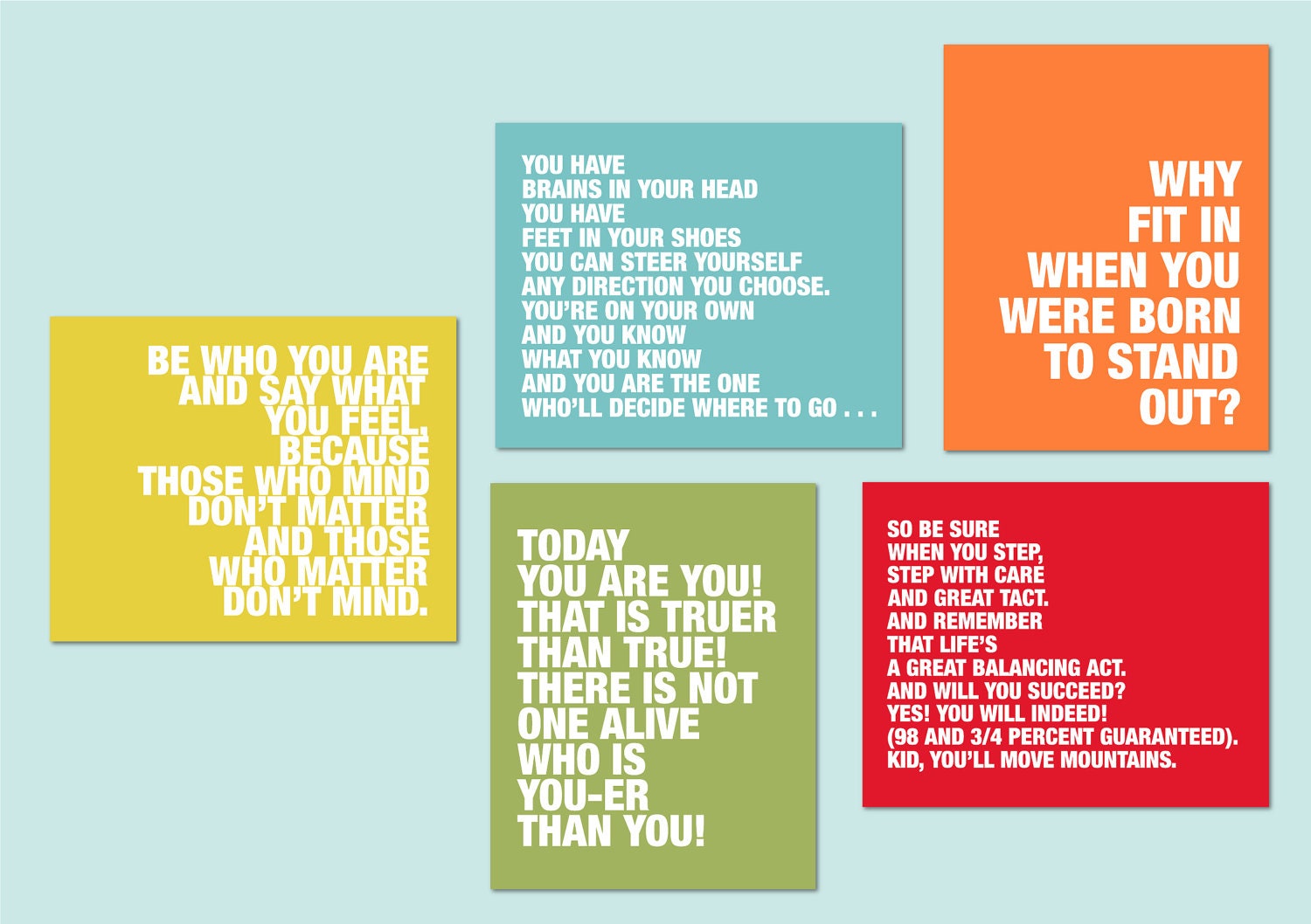 Dr. Seuss Quotes - Set of five prints for modern nursery or playroom - 5"x7"