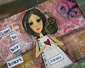 Original Art Painting: 5x7 Genuine Girl, Original Mixed Media Art, Whimsical Art, Folk art, close to her heart, pink, brown
