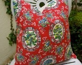 Vintage 1950s Red Floral Scroll Frames Fabric Cushion Pillow