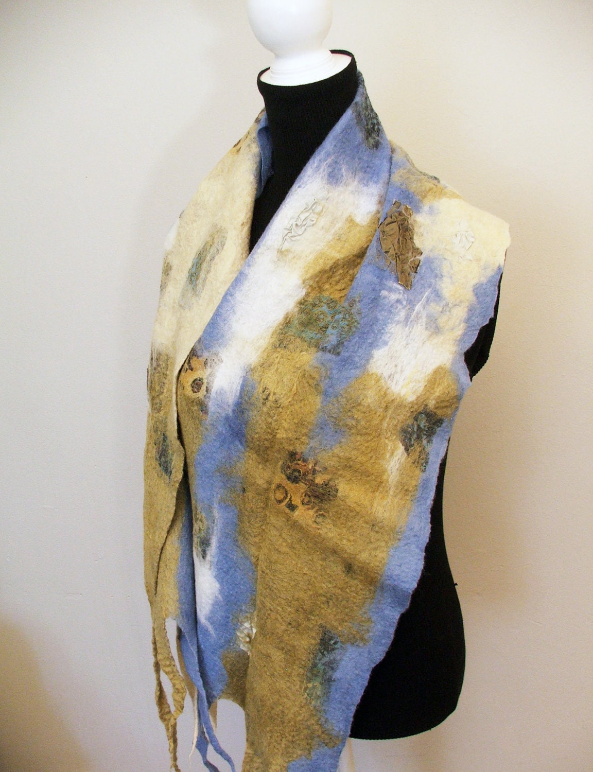 Winter City - Nuno Felted Scarf, OOAK, Art to Wear, Organic Natural Eco