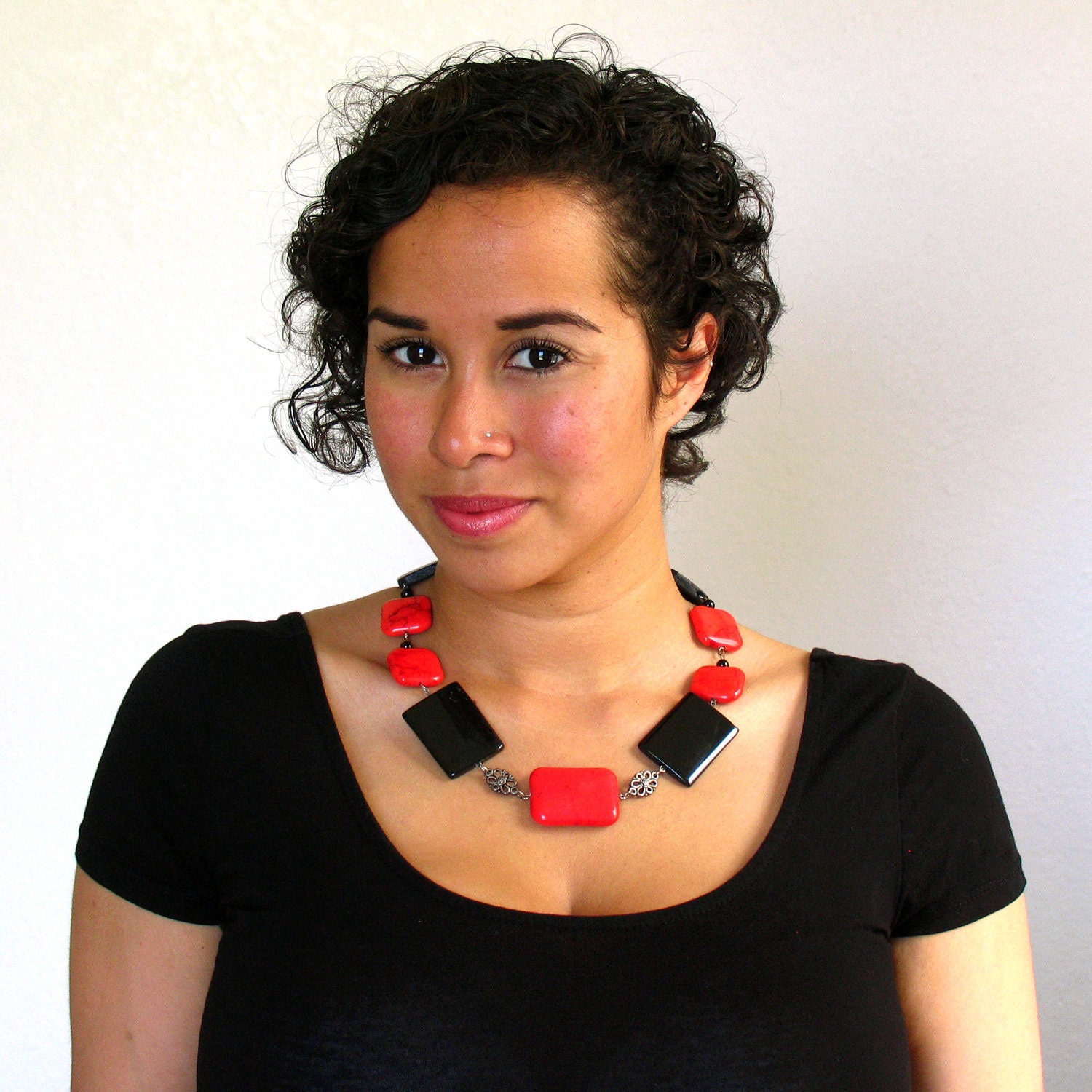 Bright Red Howlite & Onyx Statement Necklace - Wonderland - Mother's Day