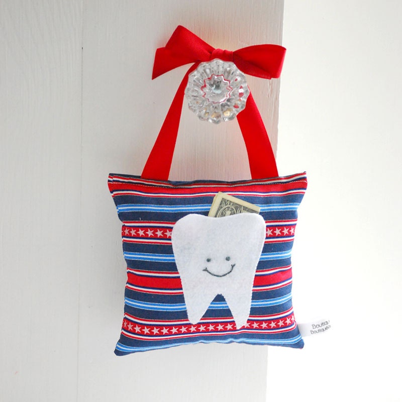 Children's Tooth Fairy Pillow, Tooth Fairy Gift in Americana Print Cotton