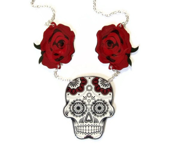 Sugar Skull Necklace Day Of The Dead Dia De Los Muertos Halloween Tattoo Red Rose Black and White