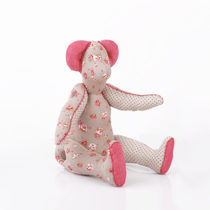 flowery Bear - beige stuffed doll with pink flowers -  handmade cloth doll
