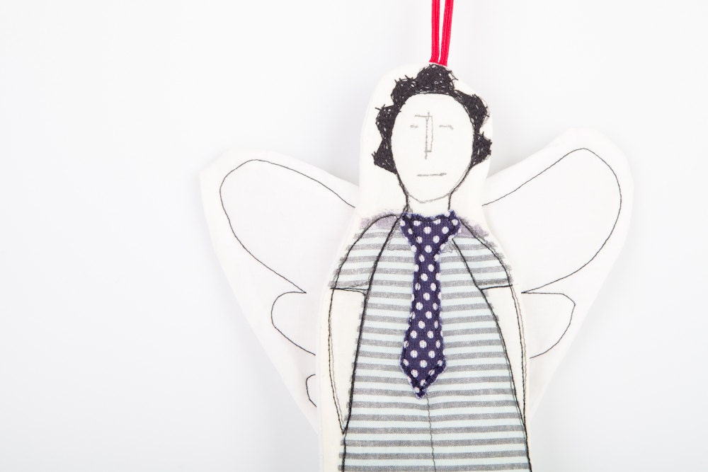 Valentines day Angel  - Black and white Modern Fairy In  striped dress and a polka dot tie , Timohandmad fabric doll