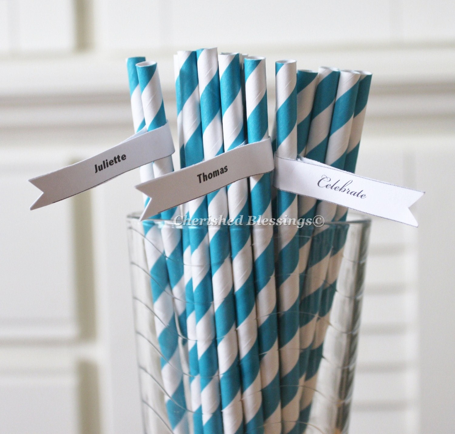 50 Teal Aqua Blue Paper Straws Striped Retro Vintage Style Carnival Circus Wedding Birthday Bridal Baby Shower W/Printable Flags I created Il_170x135