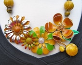 Statement Necklace, Vintage Enamel Flowers, Reclaimed Necklace, Caramel, Brown, Tan, Bib Necklace, Flower Power - Butterscotch Blossoms