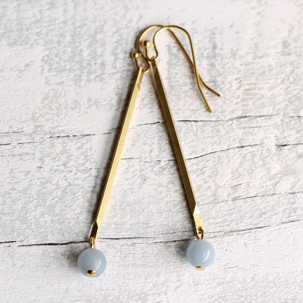 Powder Blue Earrings ... Geometric Cornflower Vintage Brass Stick with Baby Blue Pastel Chalcedony